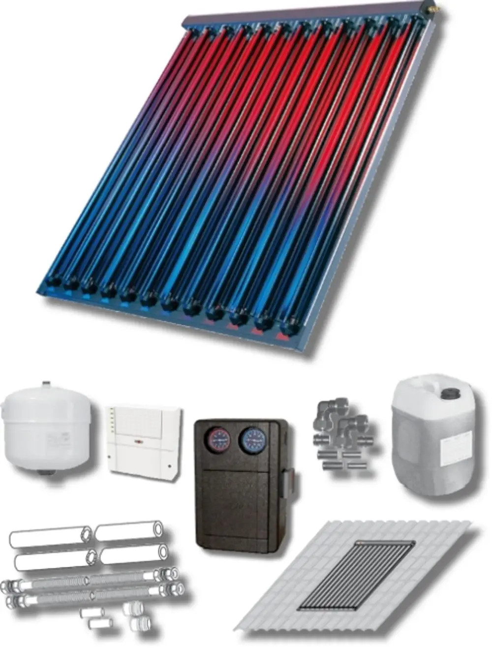 Wärmespeicher- und Solartechnologie-Set von Wolf mit Röhrenkollektoren, Speicherbehälter, Steuerungseinheit und verschiedenen Rohren sowie Zubehörteilen für die Installation.